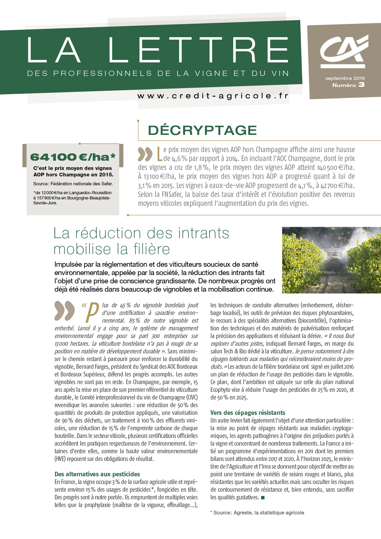 Lettre aux professionnels de la vigne et du vin  - n°3/2016